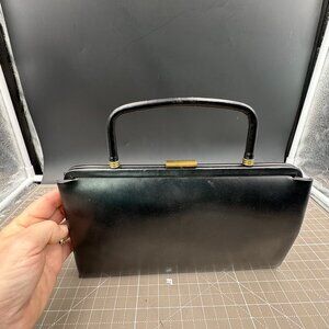 Vintage Black Possibly Leather Handbag Gold-Tone Snap Clasp AS IS